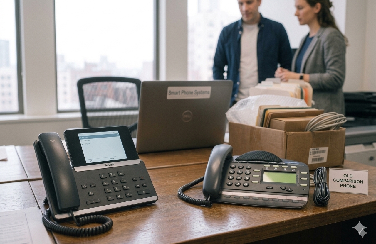Traditional landline phone next to a modern VoIP headset on an office desk