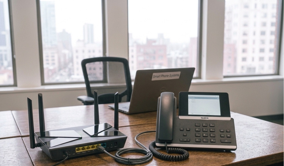 Business internet router in an office with a VoIP desk phone nearby