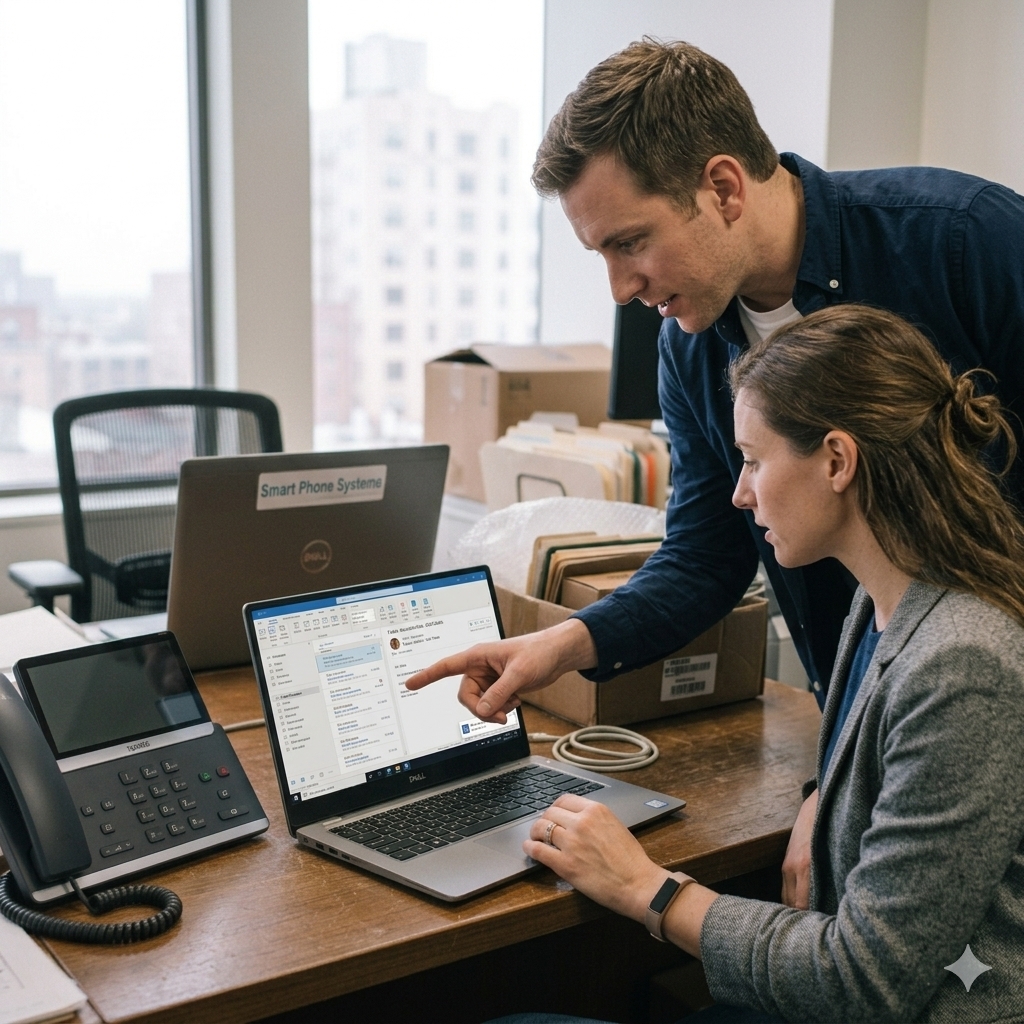 Two colleagues checking a quick internal chat message on a business phone system app