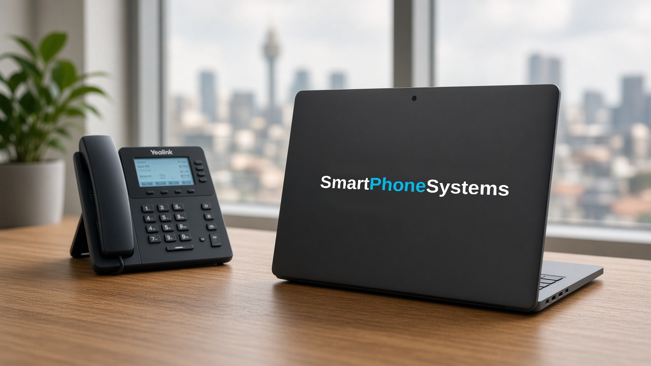 Desk phone and laptop with Smart Phone Systems logo