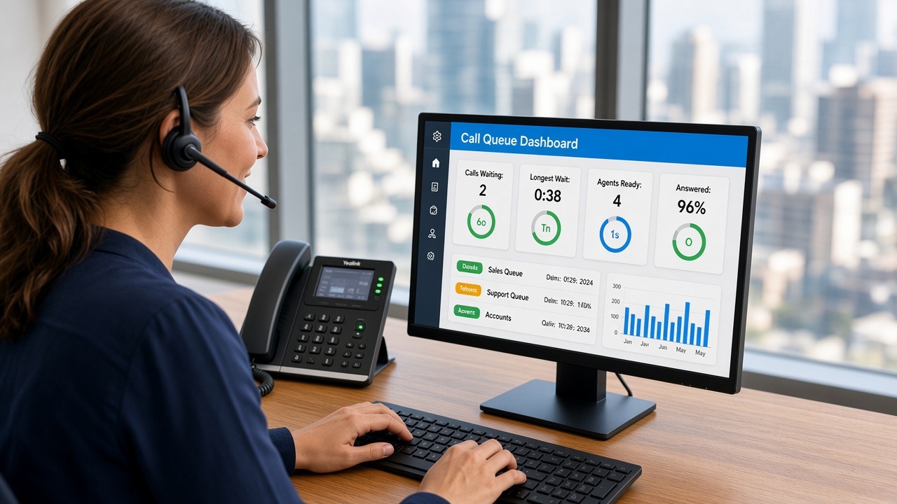 Receptionist on a wireless headset looking at a Call Queue Dashboard on her monitor, with a Yealink desk phone beside her