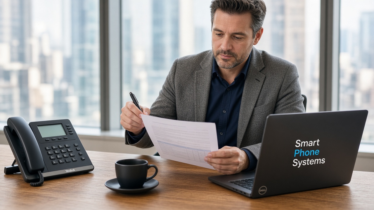 Business owner reviewing a phone system quote at their desk
