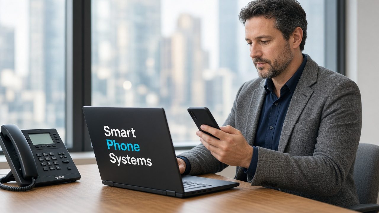 Business desk phone and laptop for a hosted phone system