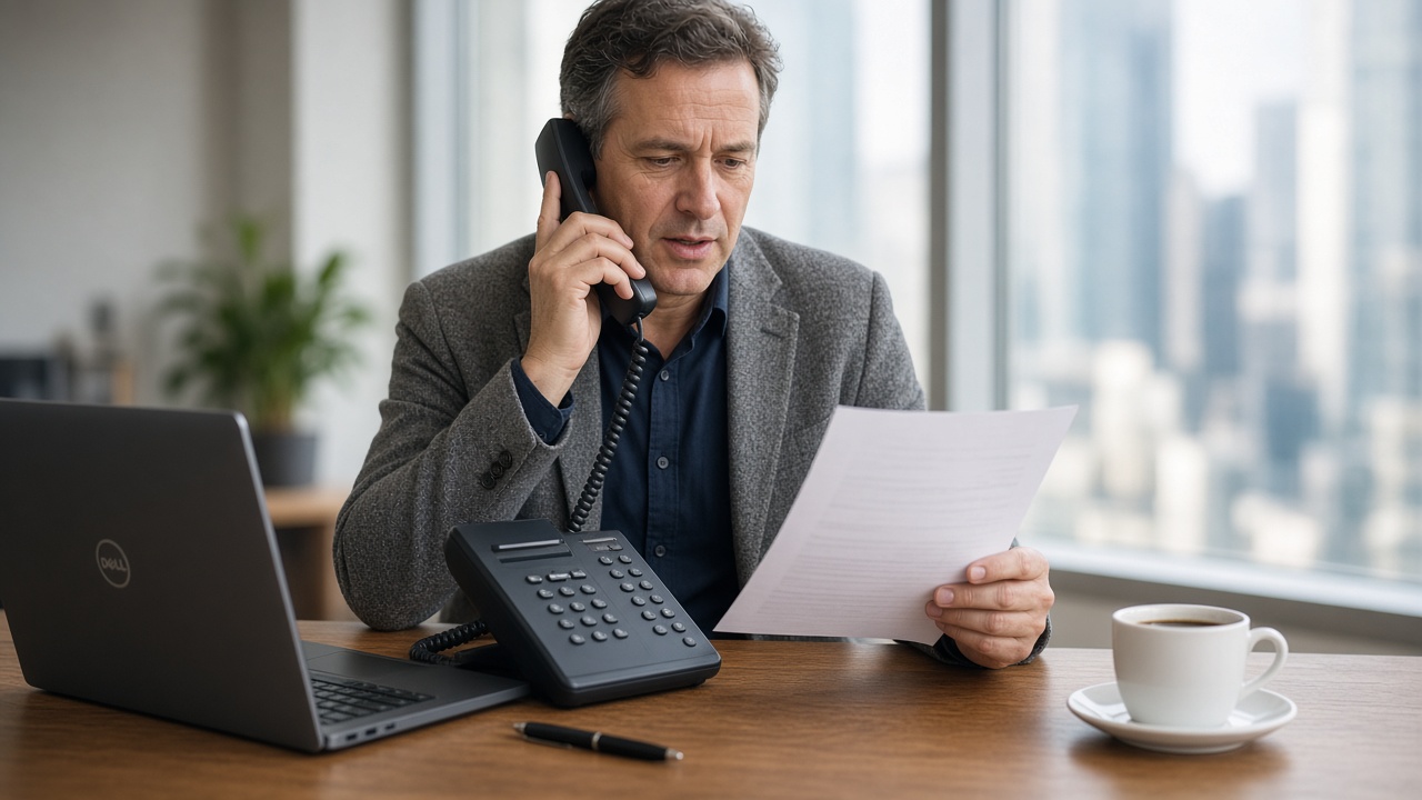 Business owner reviewing account details while arranging a phone number port