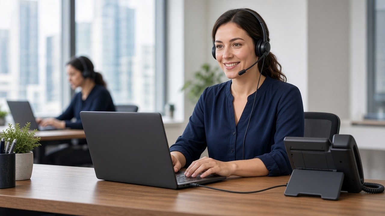 Office worker on a headset taking a call, with a desk phone and laptop beside her.