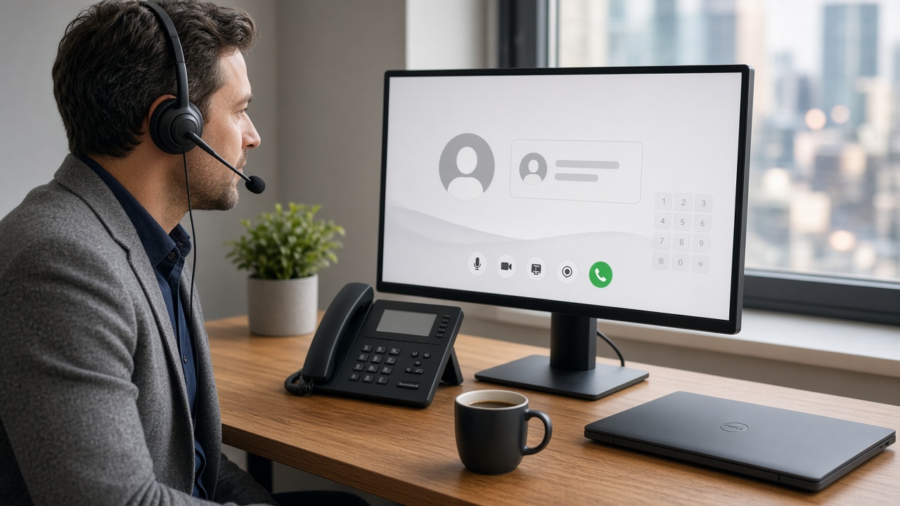 Office worker on a headset using a business calling app on their computer